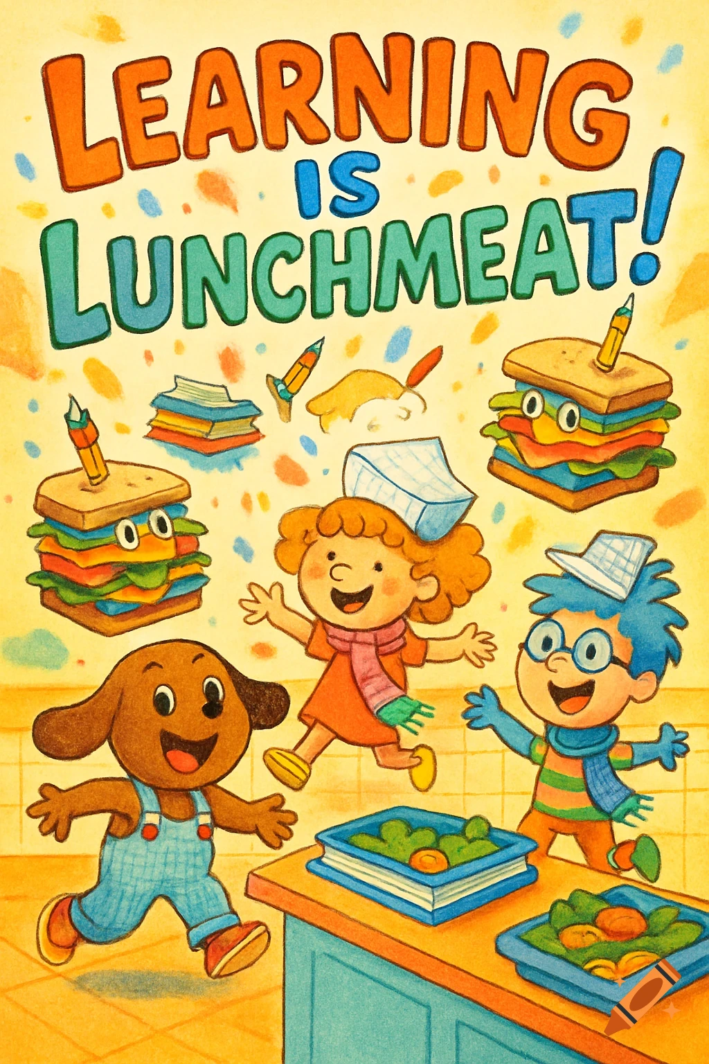 Cartoon children and a dog frolic around lunch-themed school items with 'Learning is Lunchmeat!' text.
