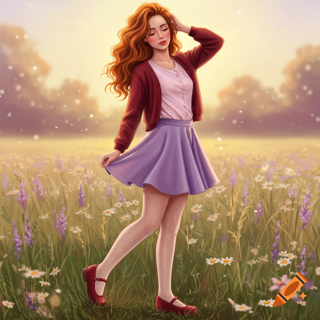 Digital art illustration of a young redhead woman in a sunny field, wearing a red cardigan, pink shirt, purple skirt, patterned tights, and red mary jane shoes.