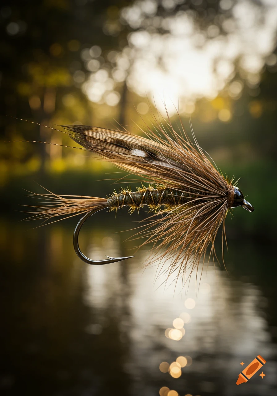 A detailed close-up of a realistic fly fishing lure, made of feathers and thread, against a blurred natural background of water and trees.