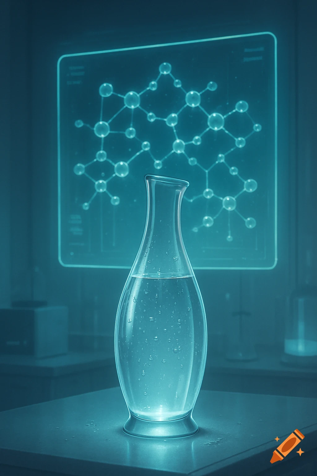 A glowing glass flask with blue liquid on a table, in front of a screen displaying a molecular structure.