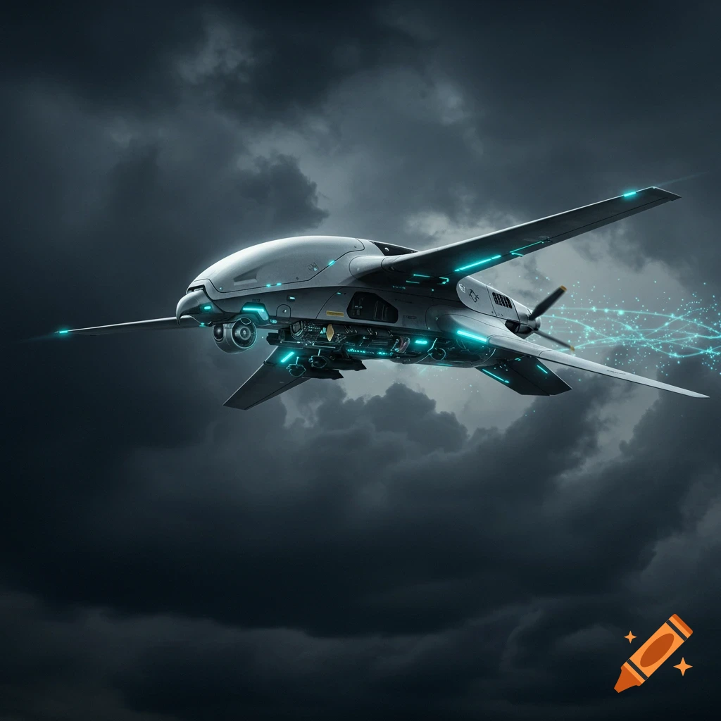 A sleek, futuristic drone with glowing blue accents flies against a backdrop of dramatic, dark, stormy clouds.