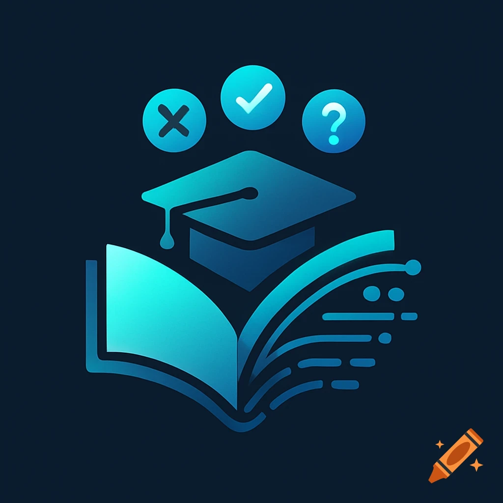Blue gradient logo with an open book, a graduation cap, and circular icons for checkmark, cross, and question mark.