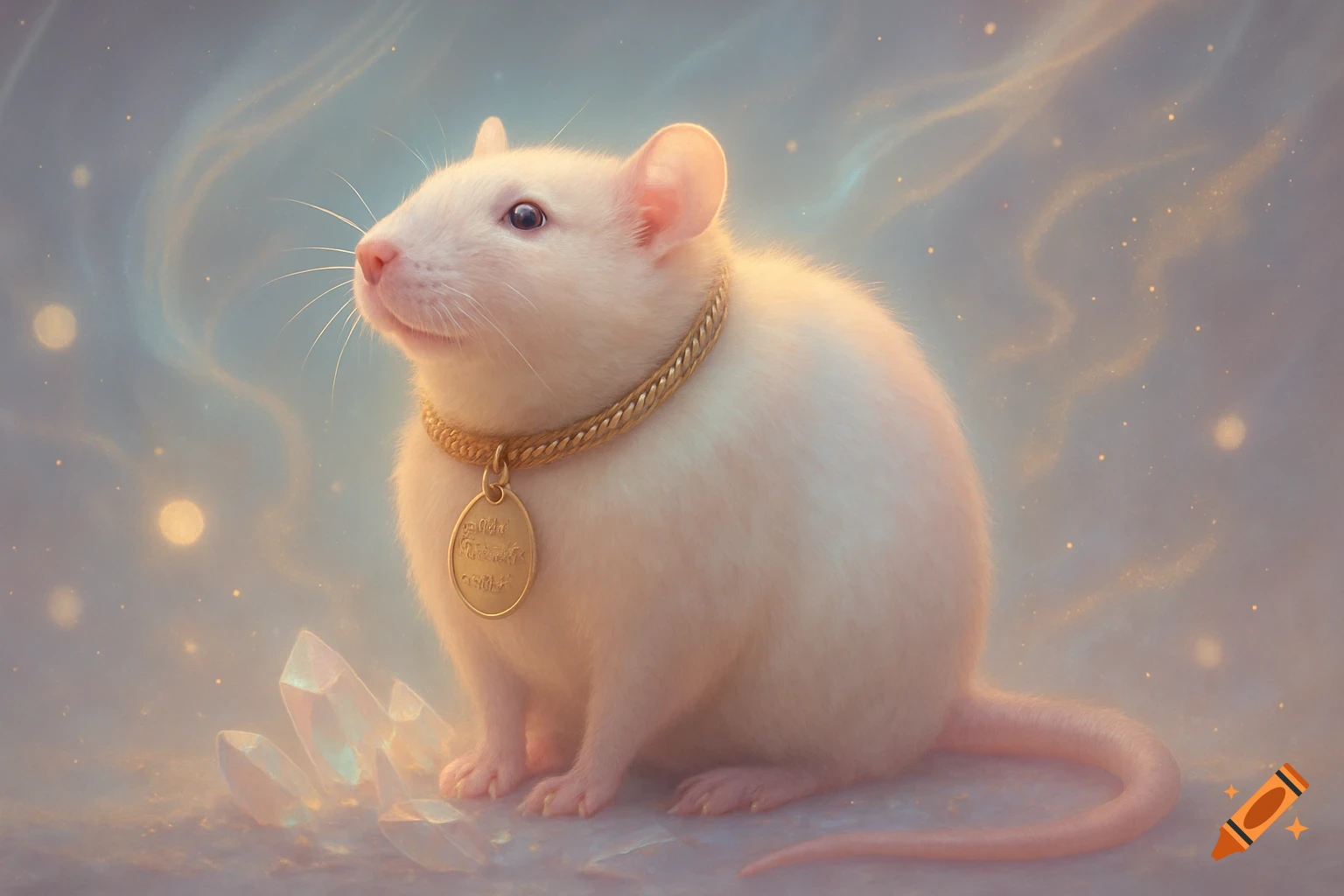 A fluffy white rat with a gold chain collar sits on glowing crystals against a dreamy, sparkling light background.