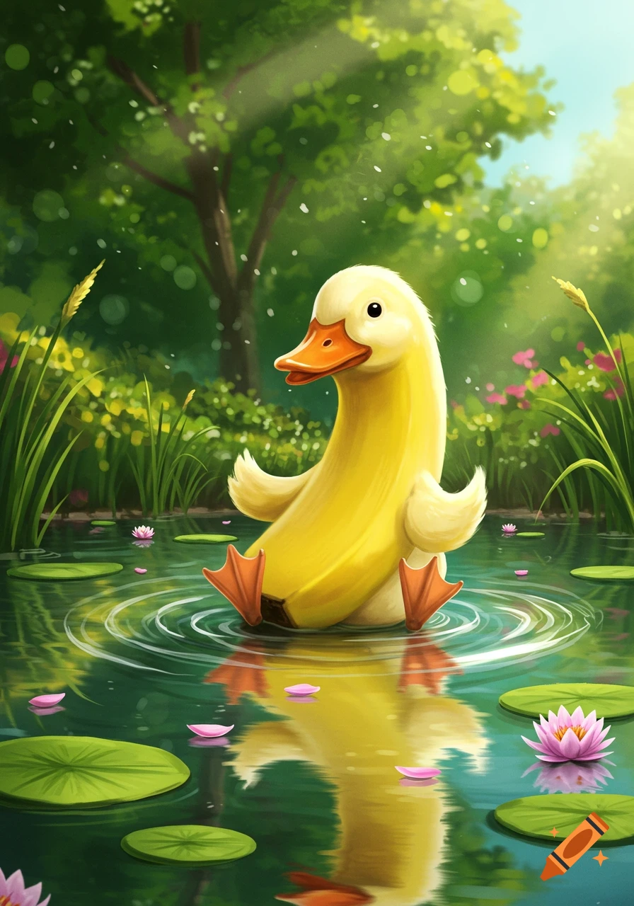A whimsical banana duck sits in a sunlit pond with lily pads and pink flowers, surrounded by lush green foliage.