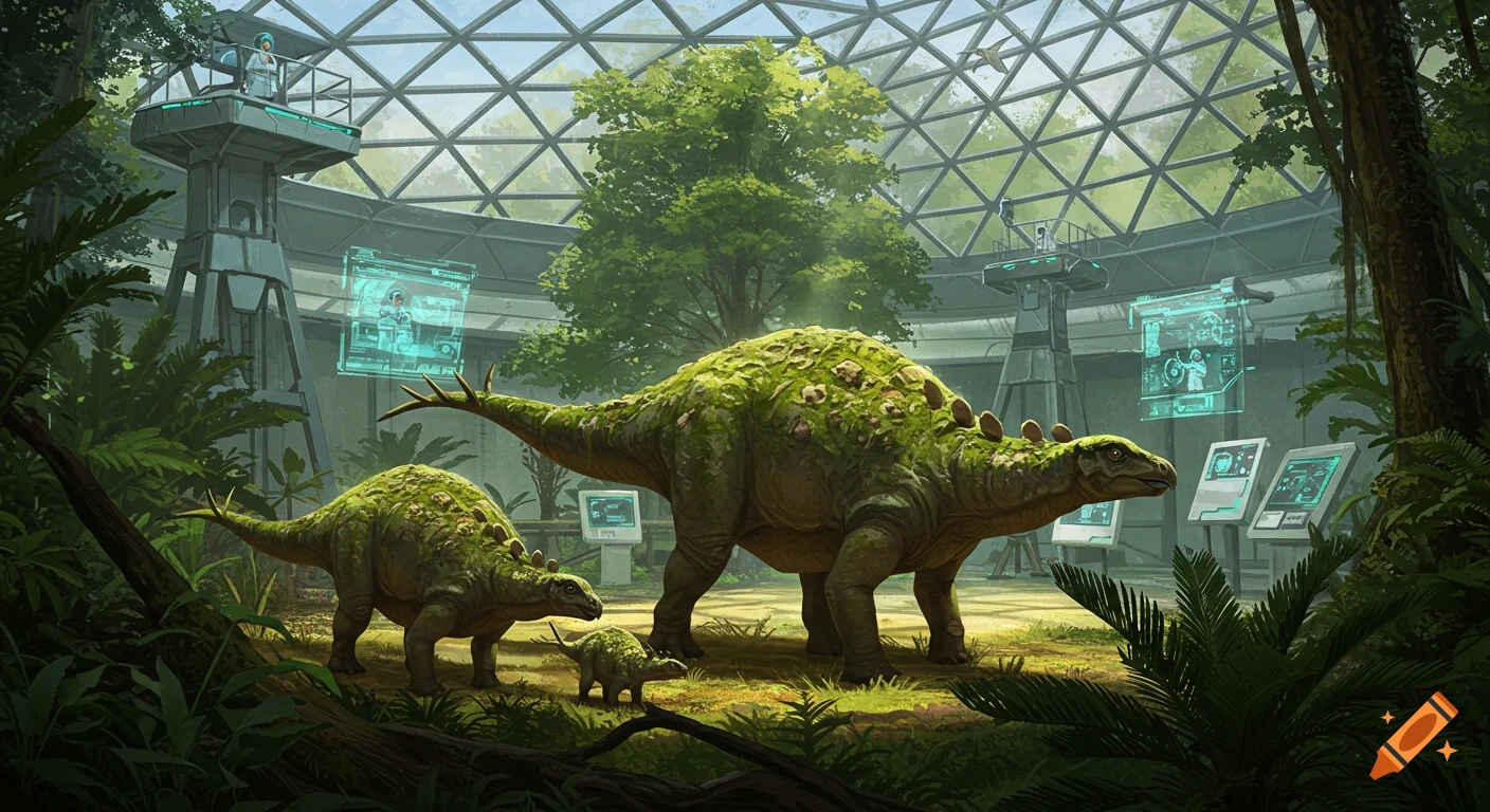 A family of moss-covered stegosauruses in a lush, glass-domed high-tech research facility enclosure.