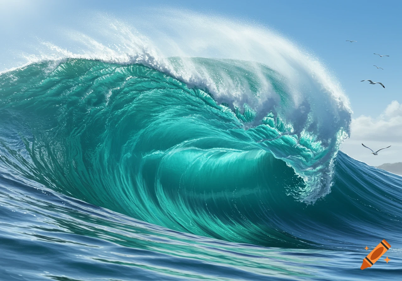 A large, powerful turquoise-blue ocean wave crashes with white spray under a clear blue sky with seagulls flying by.