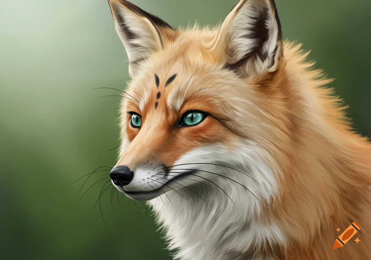 Close-up digital painting of a beige and white fox head with piercing blue-green eyes, long black whiskers, and forehead markings, against a blurred green background.