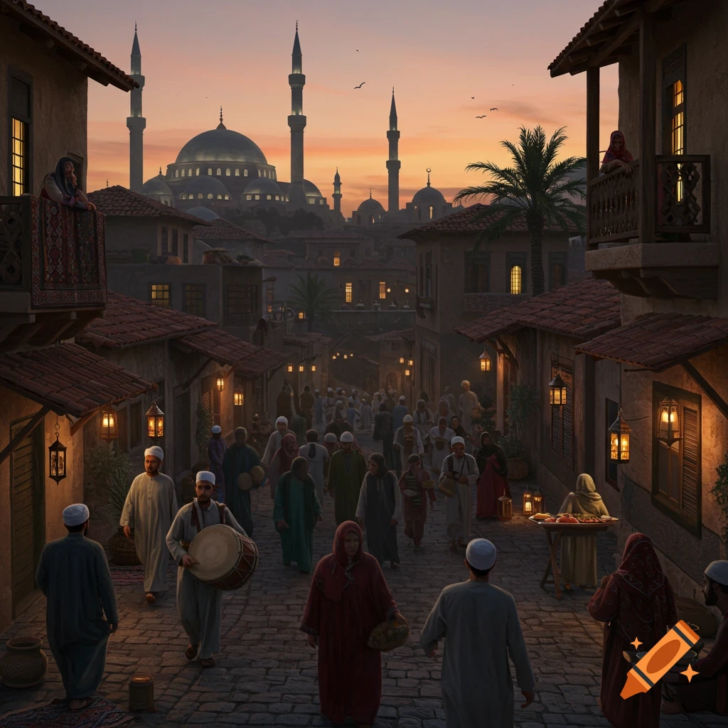 A photorealistic image of a crowded cobblestone street in a historic Islamic city at dusk, with people walking and a large mosque in the background.
