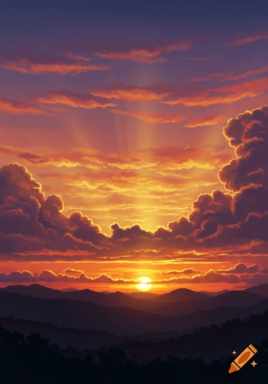 Vibrant orange and purple sunset over shadowed mountains, with rays of light breaking through the clouds.