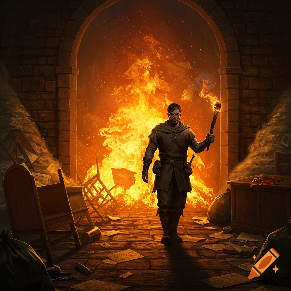 An adventurer walks out of a burning, debris-filled dungeon room, holding a lit torch. The scene is illuminated by the roaring fire.