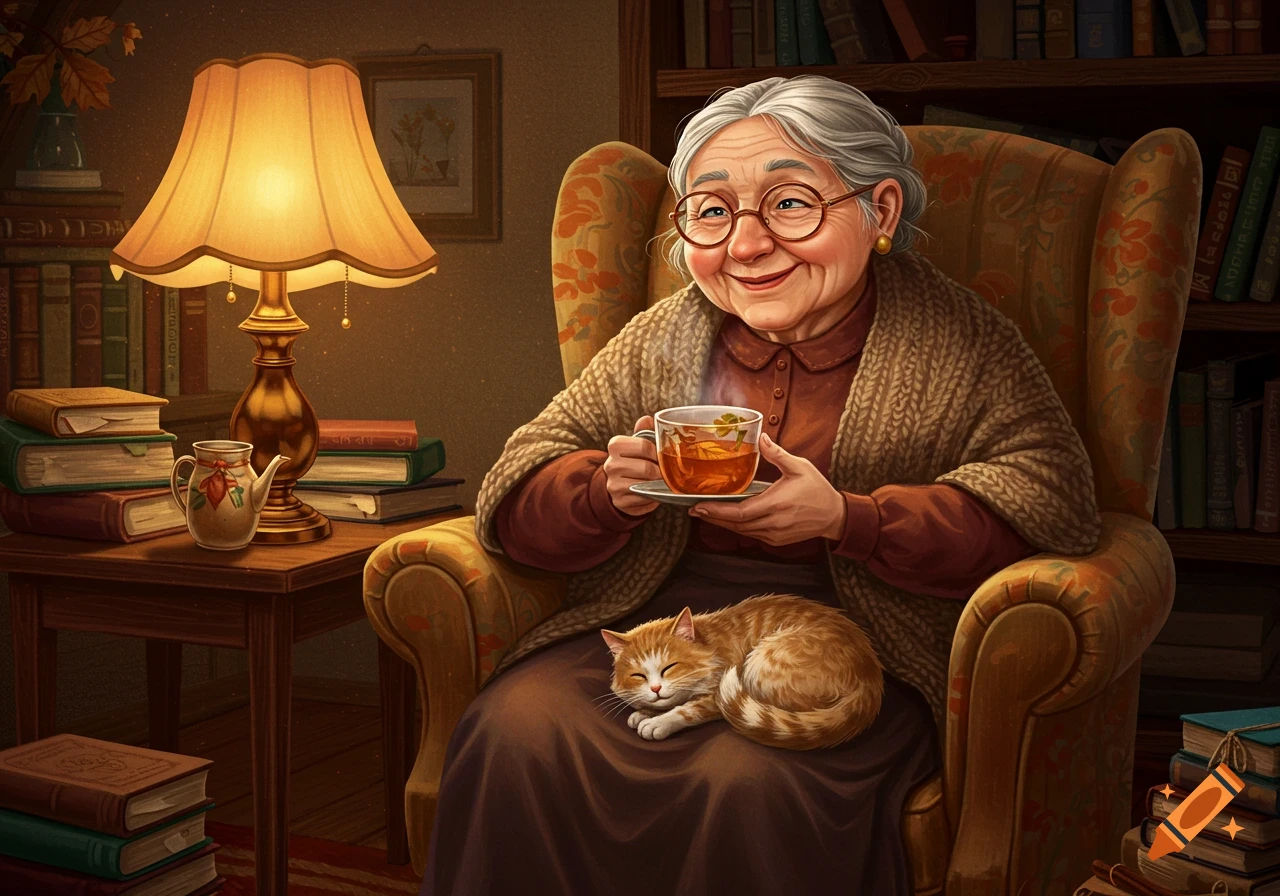 A smiling old woman sits in a cozy armchair, holding a teacup, with an orange cat sleeping on her lap, surrounded by books.