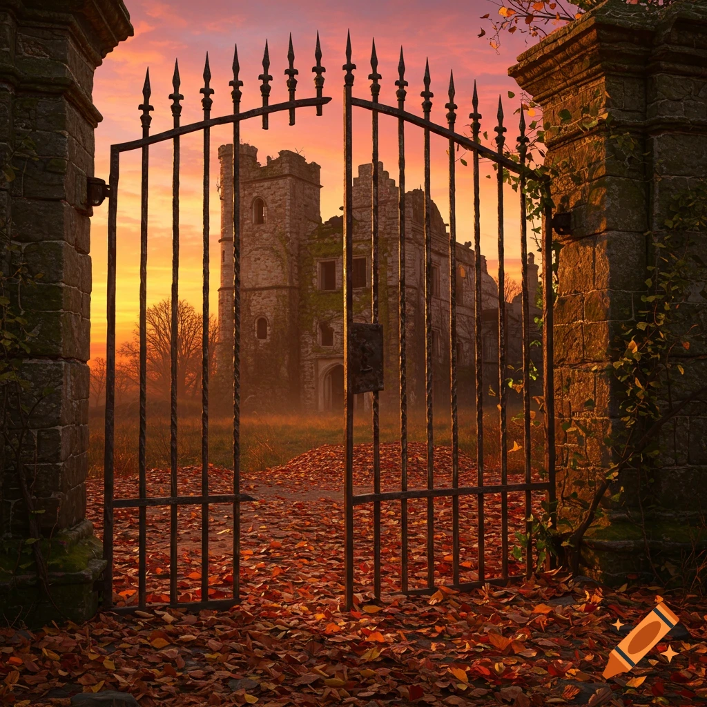 A ruined iron gate leads to an abandoned castle at sunset, surrounded by autumn leaves. Photorealistic.