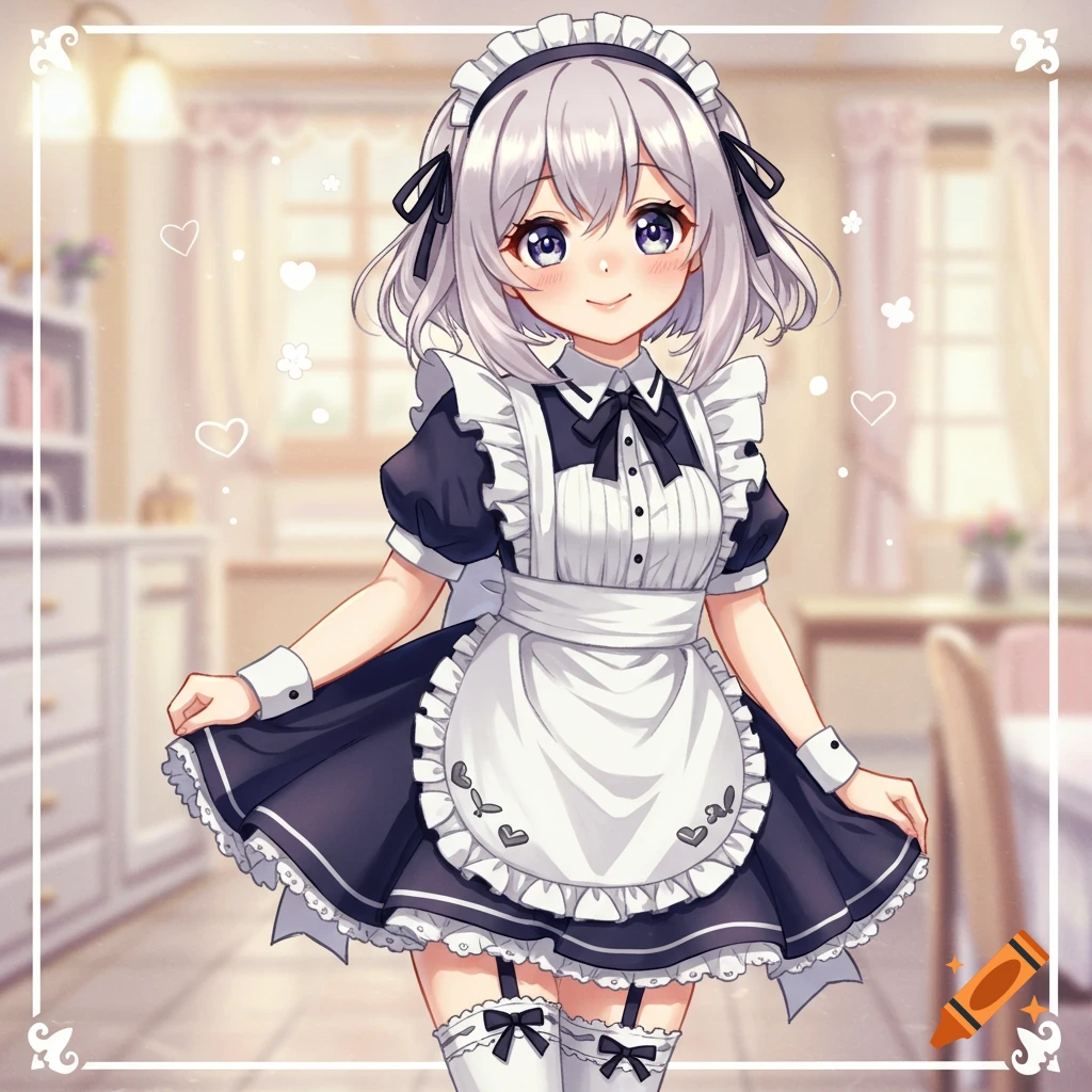 A cute anime maid girl with short silver hair and purple eyes smiles while posing in a cafe setting.