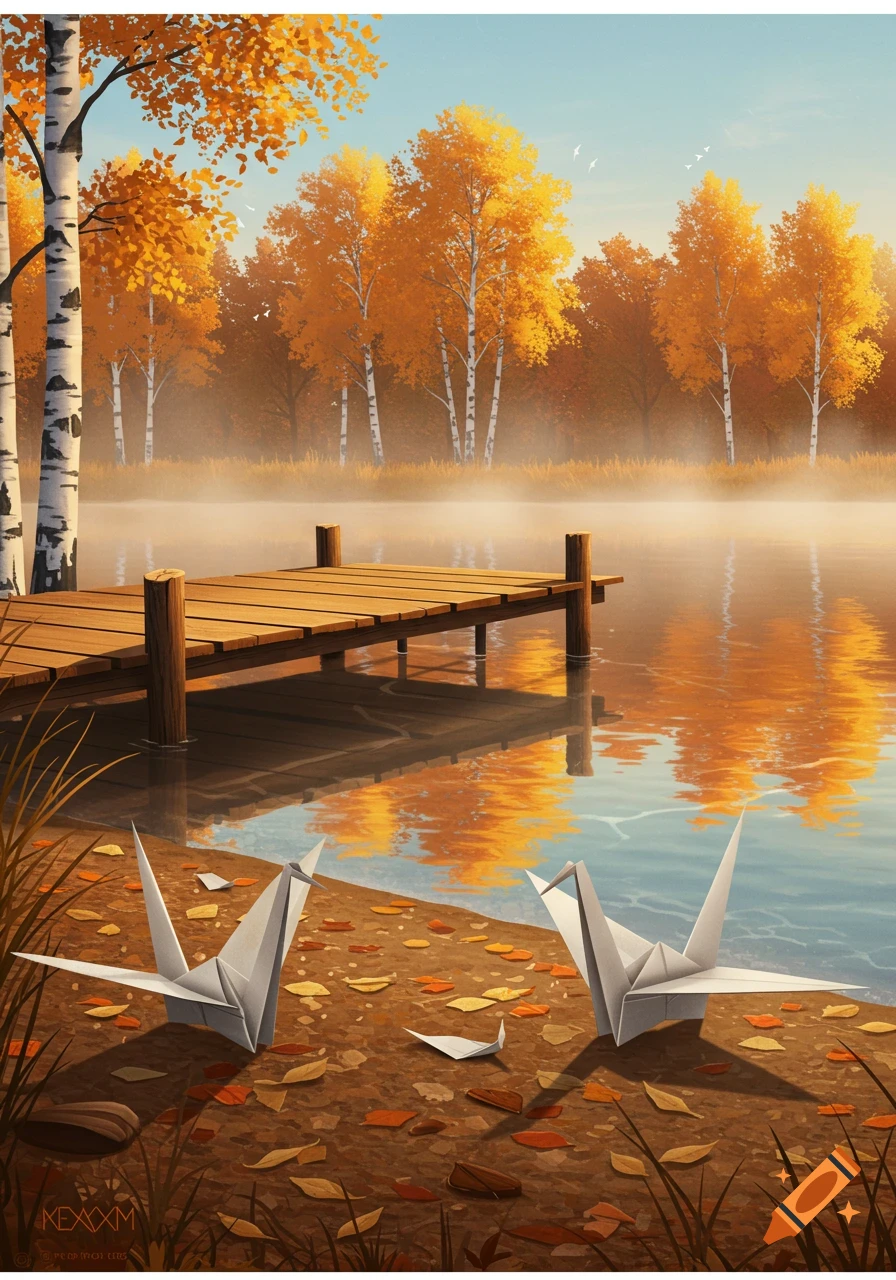 Misty autumn lake with a wooden dock, golden-leafed trees, and two white origami cranes on the shoreline.