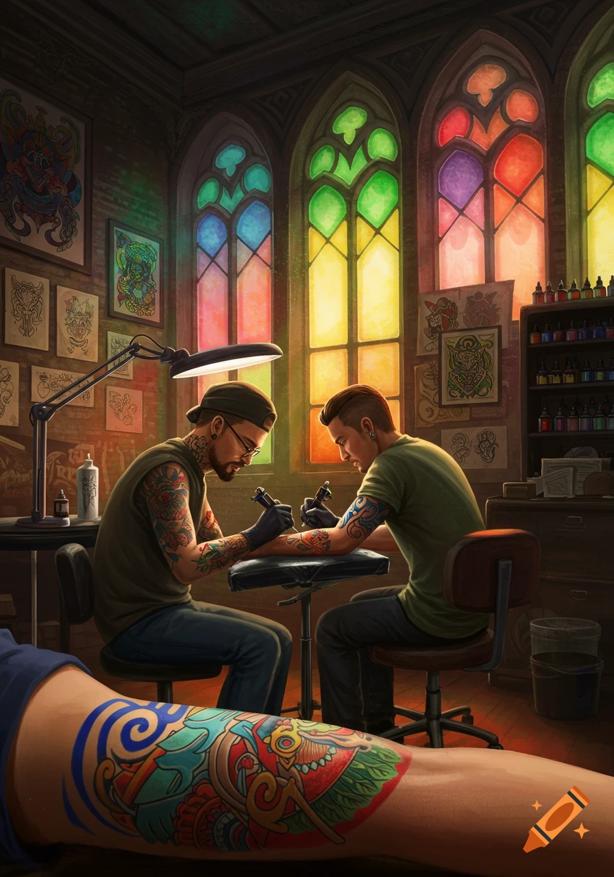 Two men in a vibrant tattoo parlor with stained glass windows, one tattooing the other's arm, with a detailed tattooed leg in the foreground.