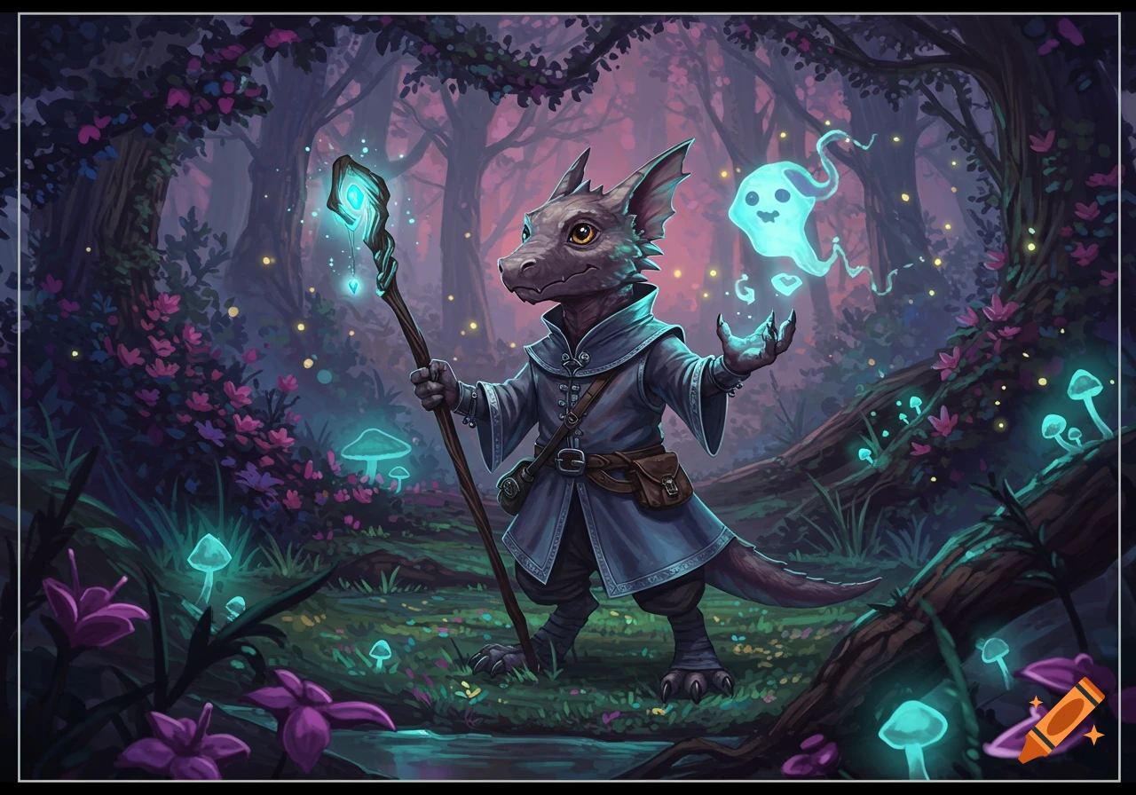 A kobold warlock in a magical forest, holding a glowing staff and summoning a friendly blue ghost, fantasy illustration.