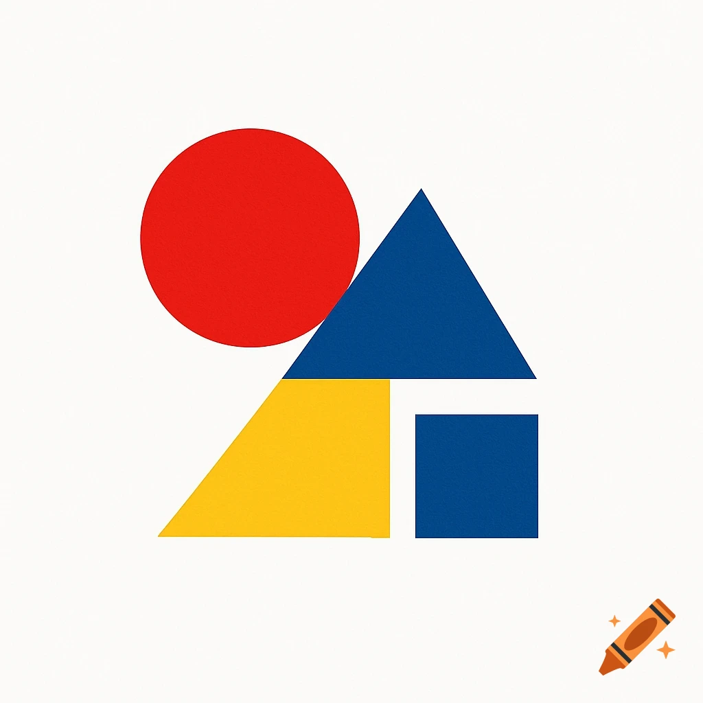 A minimalistic logo featuring a red circle, a blue triangle, a yellow trapezoid, and a blue square on a white background.