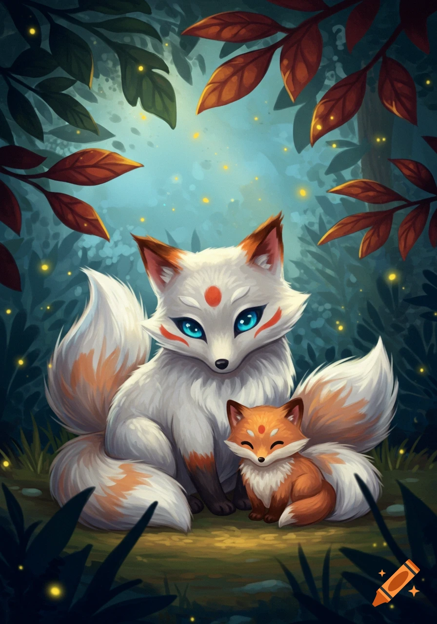 A stylized white kitsune with blue eyes cuddles a smaller orange baby kitsune in an enchanted forest.