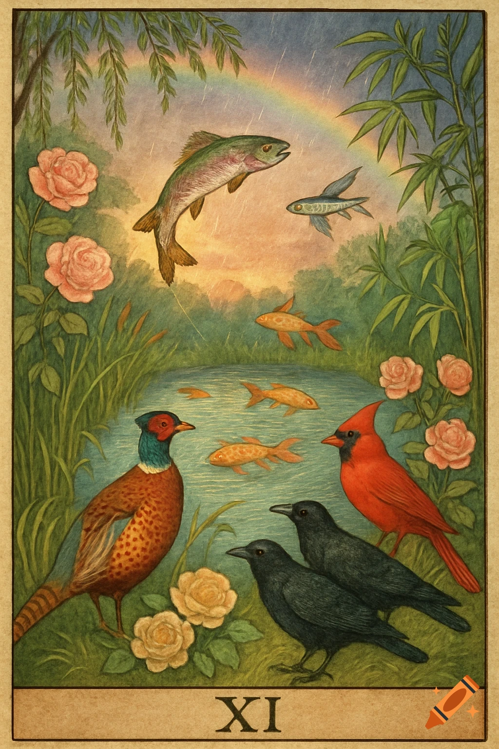 A vibrant tarot card illustration of a pond with fish, a pheasant, cardinal, and crows, surrounded by roses and plants under a rainbow.