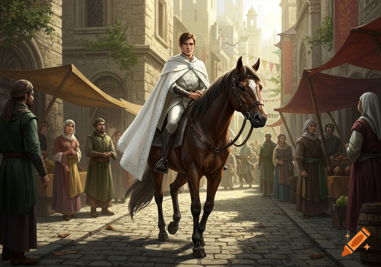 An elf in a white cape rides a horse through a bustling medieval market street.