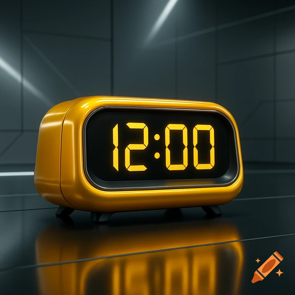 A sleek, yellow space-age digital clock displays 12:00 on a dark, reflective surface.