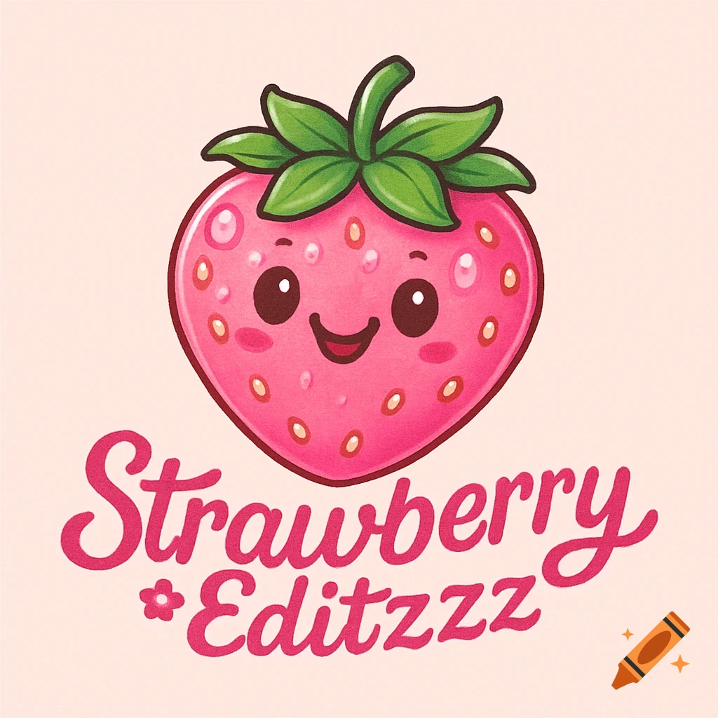 A cute pink cartoon strawberry logo character with green leaves, smiling above stylized text that reads 'Strawberry *Editzzz'.