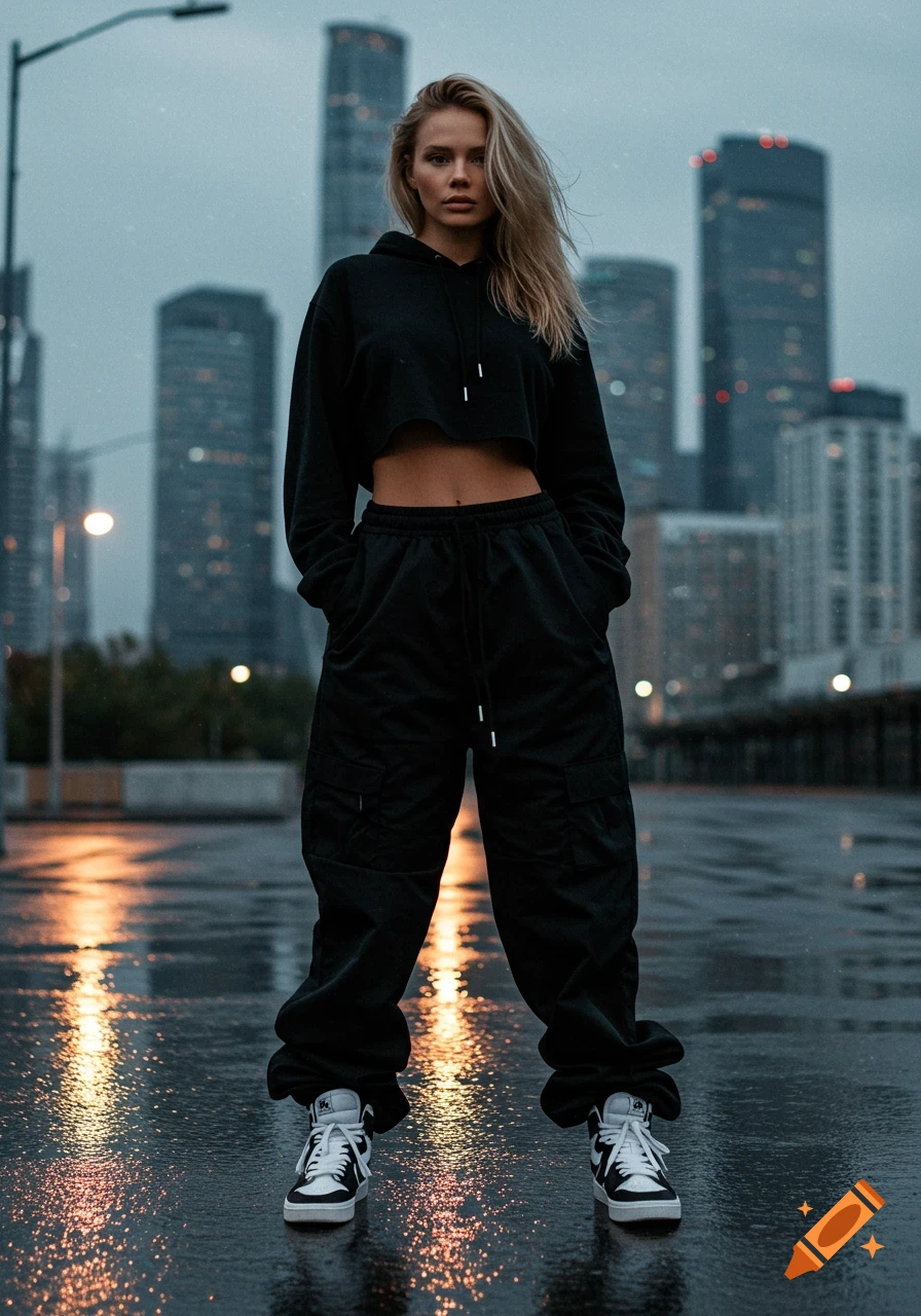 A woman in a black crop top and baggy sweatpants stands on a wet city street at dusk, with tall buildings in the background.