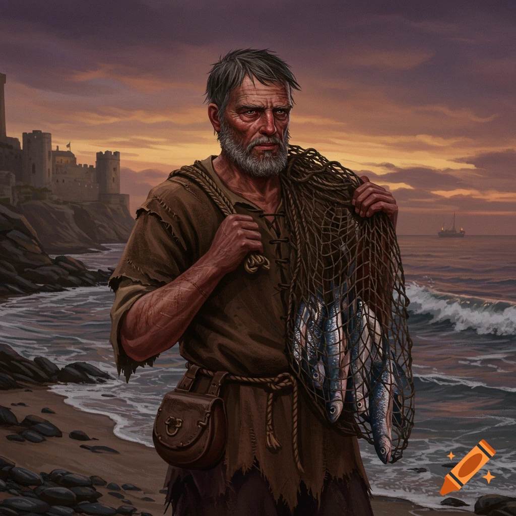 Rugged medieval fisherman with a net of fish on a rocky beach at sunset, a castle behind him. Digital painting.
