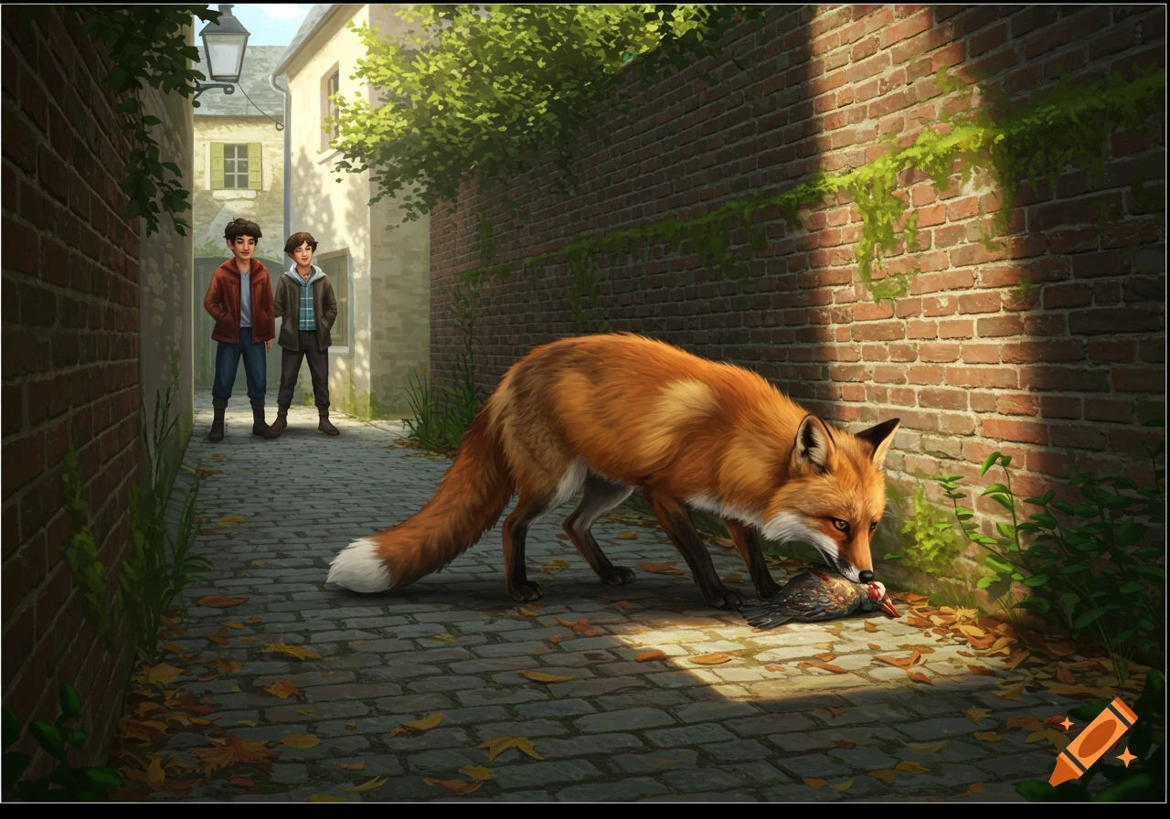 A fox eats a dead bird on a cobblestone alleyway, while two boys watch from a distance in this digital painting.