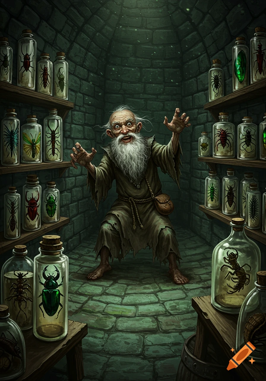 Maniacal old man in ragged clothes in an eerie stone dungeon filled with shelves of bottled insects, fantasy art.