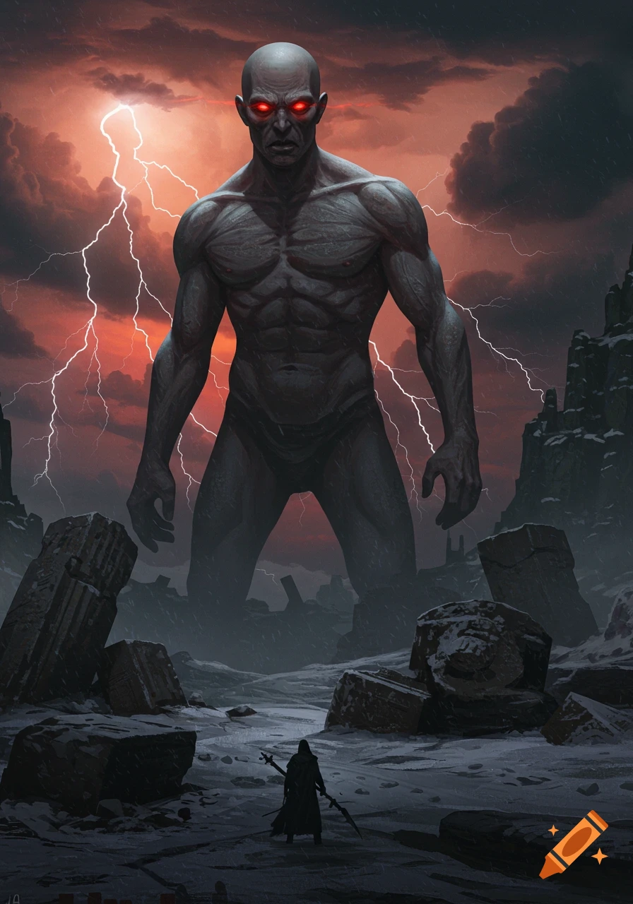 A massive bald, muscular giant with glowing red eyes stands beneath a lightning-filled red sky, facing a small robed figure in a snowy, ruined landscape.