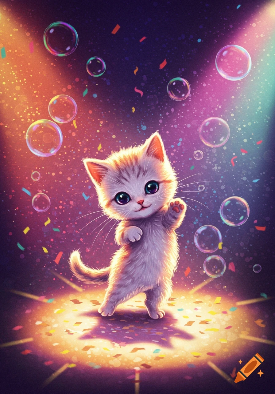 An adorable cartoon kitten with big eyes dances under colorful spotlights amid bubbles and falling confetti.