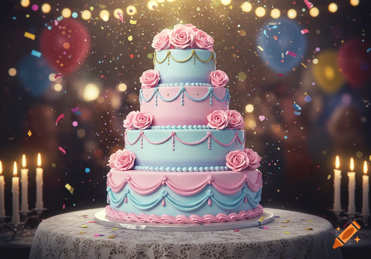 A tall, pink and blue five-tiered birthday cake decorated with roses, surrounded by confetti, balloons, and lit candles.