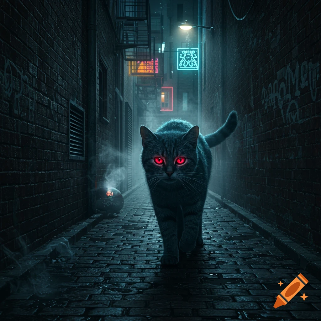 A dark gray cat with glowing red eyes walks down a wet, misty, neon-lit urban alleyway at night, graffiti on the walls.