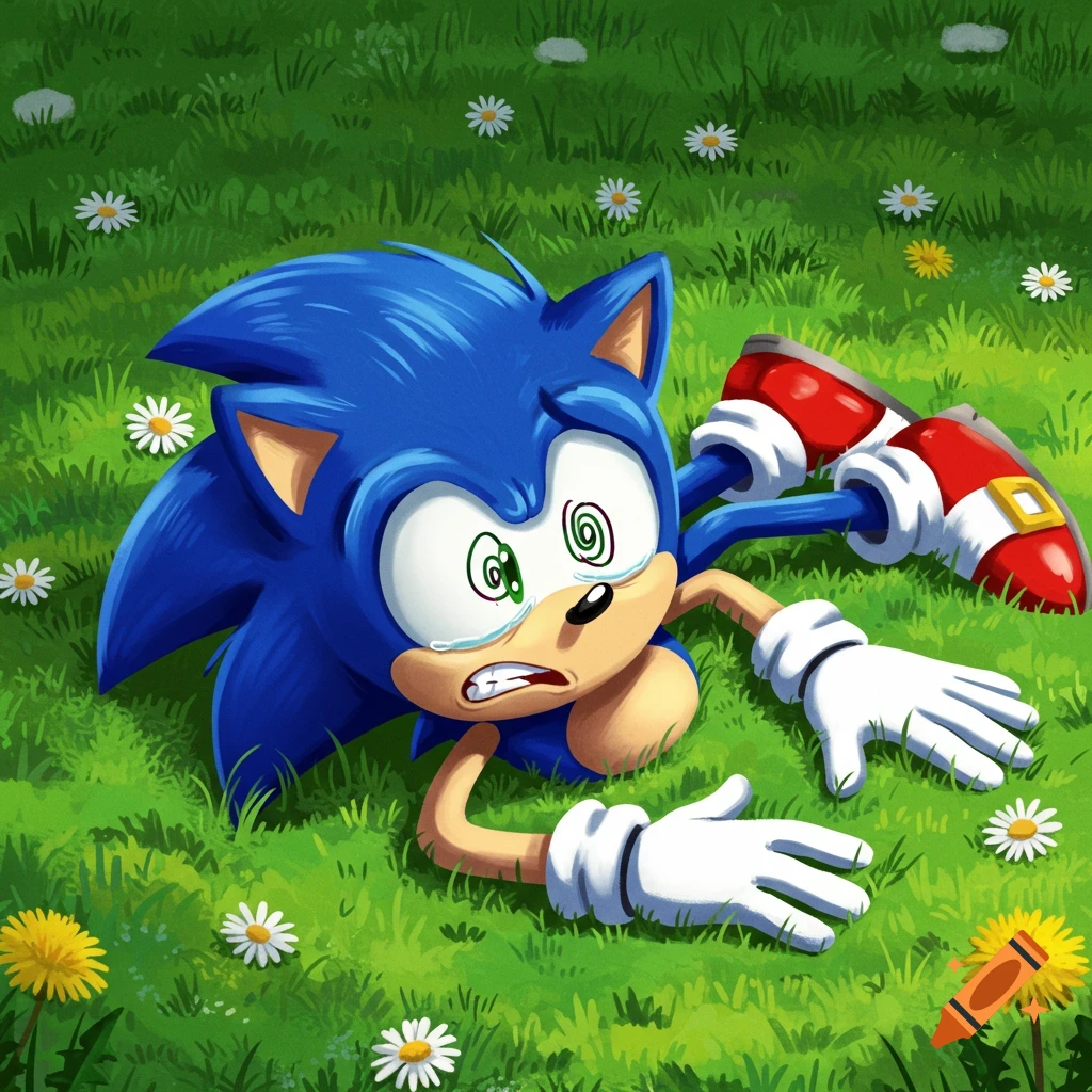 Cartoon Sonic the Hedgehog lies on his back in green grass with daisies, dizzy and sad with swirly eyes and a tear.