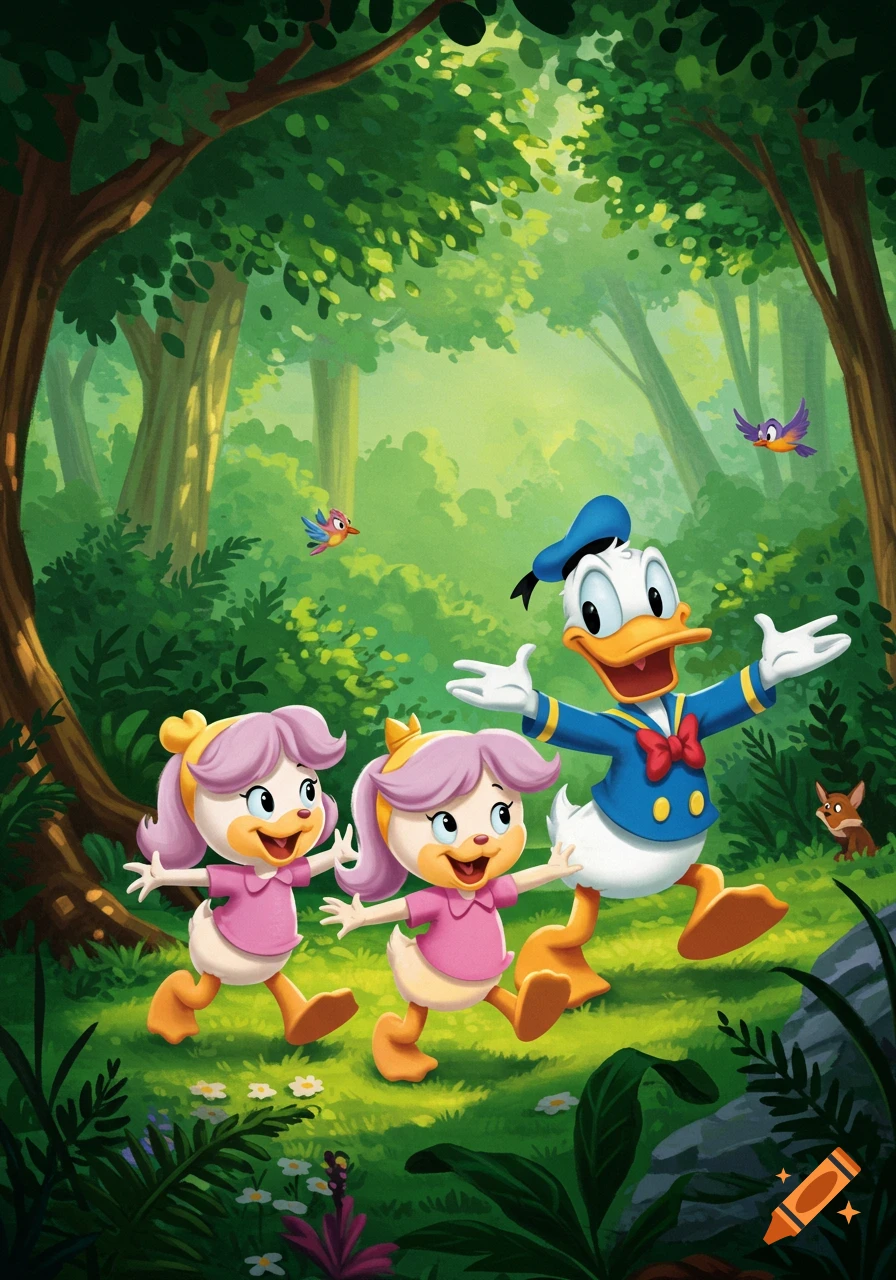 Donald Duck and two cheerful ducklings walk happily through a vibrant green forest in a cartoon illustration.