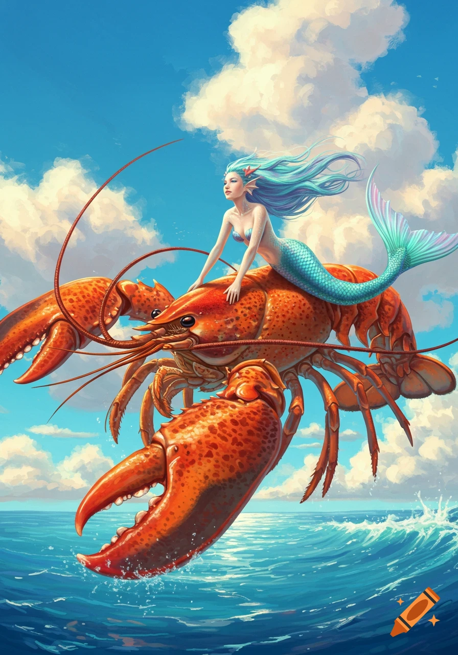 Mermaid with long blue hair riding a giant orange lobster through a bright blue sky above a wavy ocean, in an illustrative fantasy style.