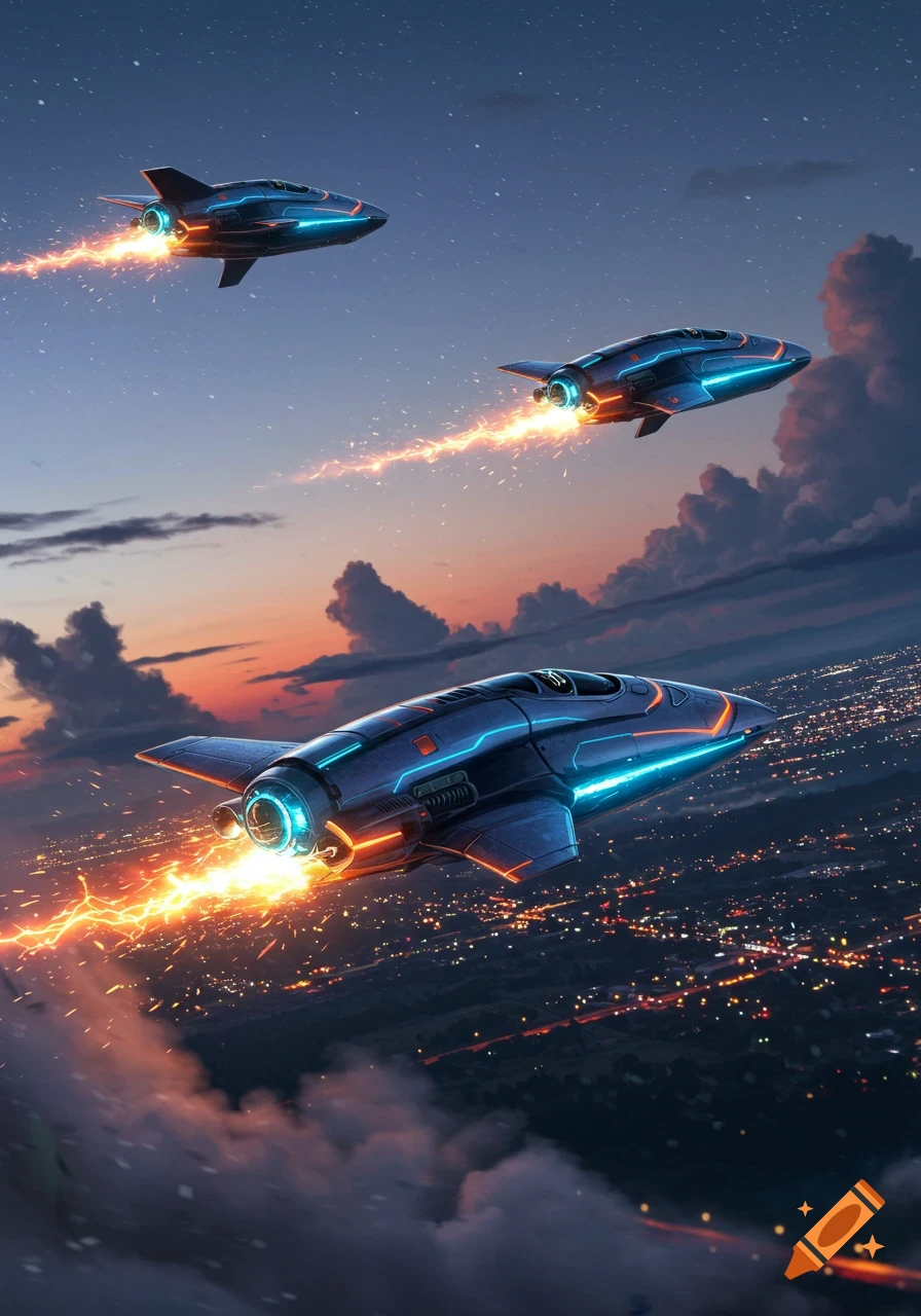 Three futuristic spacecraft with glowing engines fly over a city at dusk, with stars in the sky and illuminated clouds.