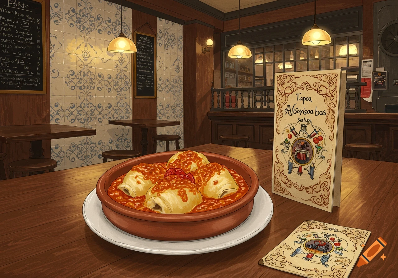 Illustrated albondigas in a terracotta dish on a wooden table inside a traditional Spanish bar with patterned blue and white tiles.