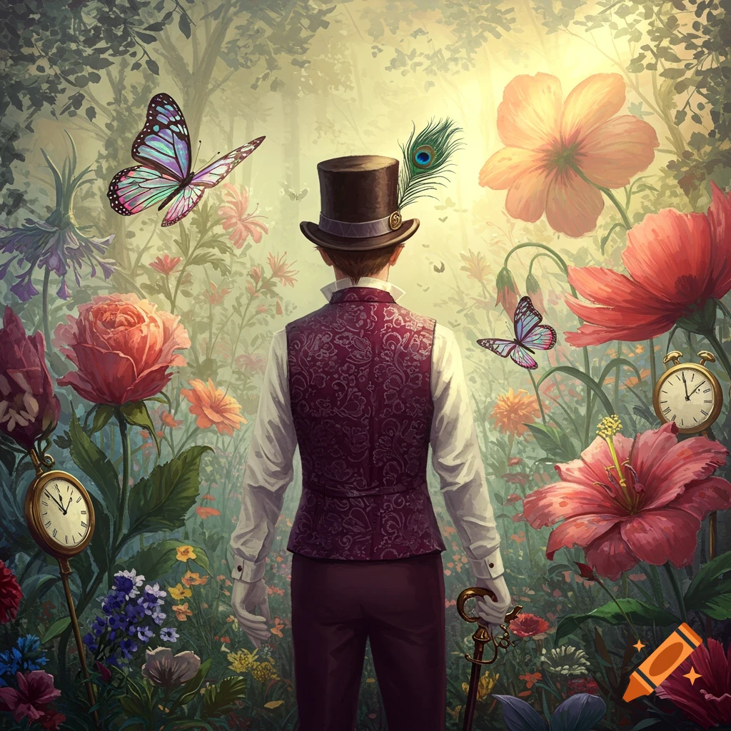 A dapper man in a top hat and vest stands in a whimsical, lush garden with oversized, colorful flowers, butterflies, and antique pocket watches, rendered in an illustrative style.