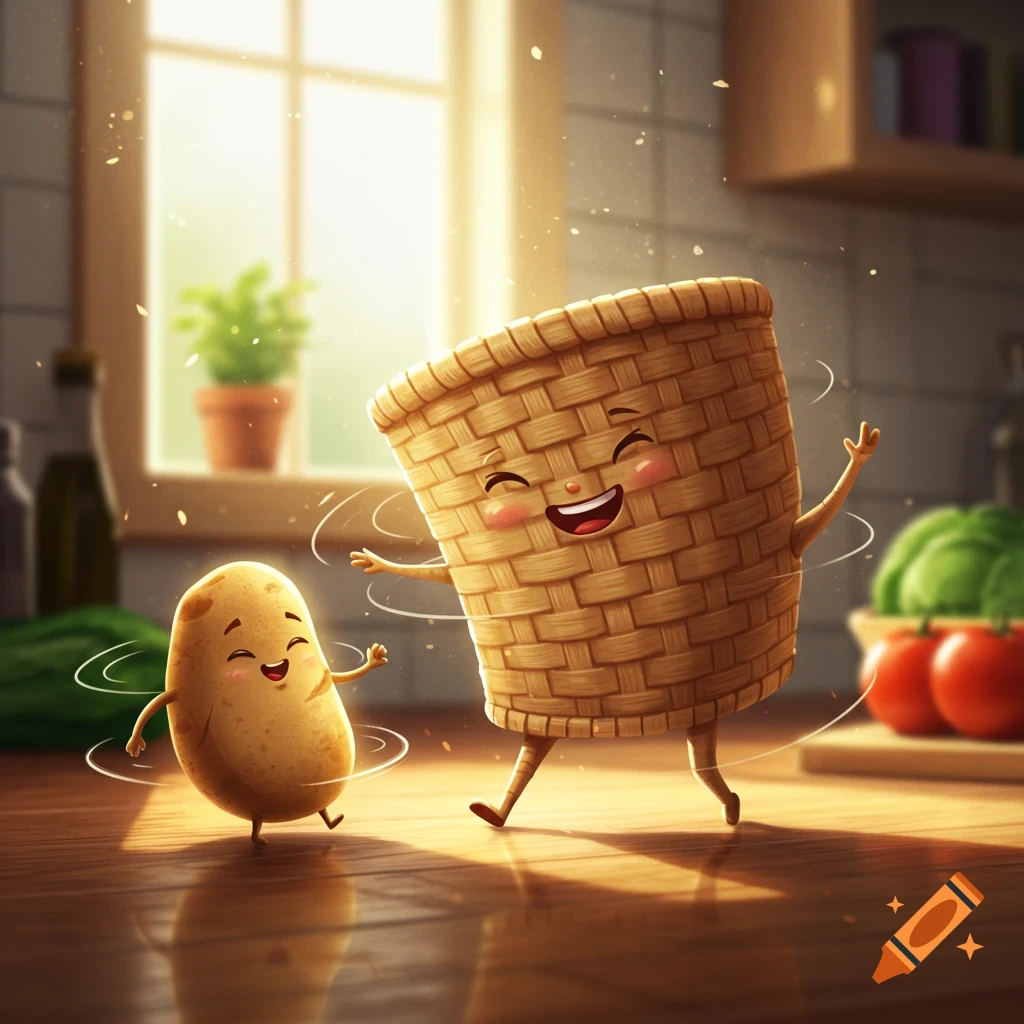 A whimsical cartoon illustration of a smiling potato and a smiling woven basket dancing happily in a sunny kitchen.