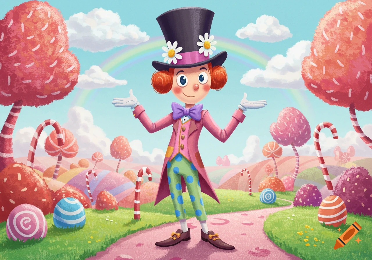 A cheerful cartoon character in a top hat and colorful suit stands in a whimsical candy land with lollipop trees and candy canes.