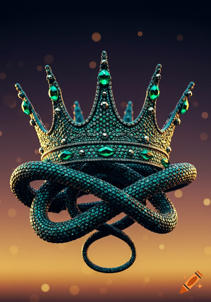 An ornate crown adorned with emeralds and diamonds, intricately intertwined with a teal-scaled snake against a sparkling background.