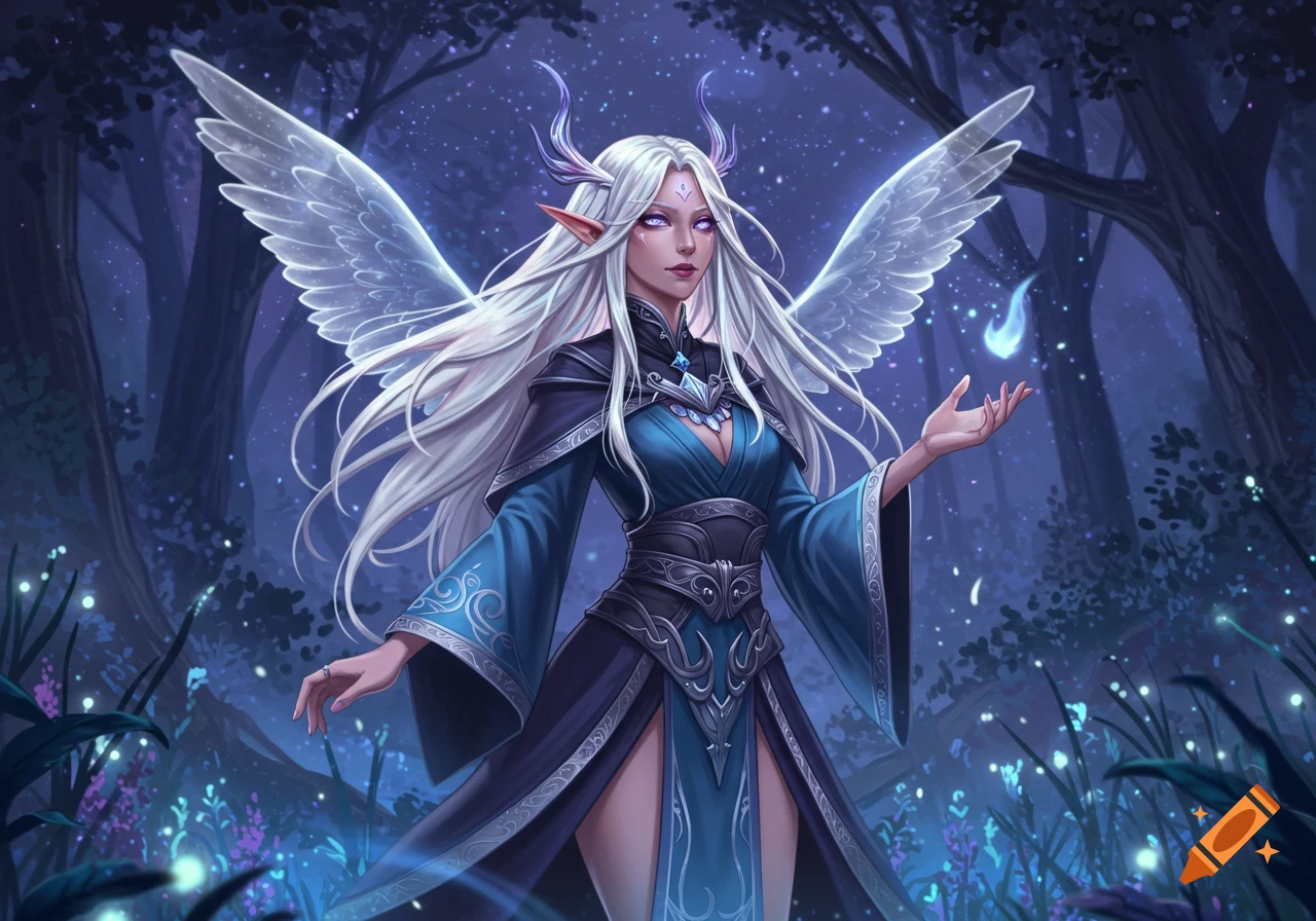 An anime style elven sorceress with long white hair, purple eyes, horns, and glowing wings, wearing a blue dress in a dark magical forest.
