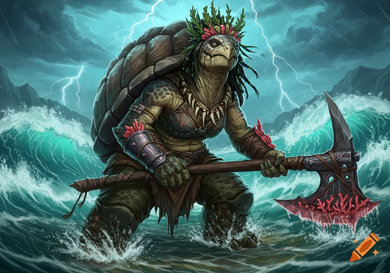 A powerful tortle warrior with an axe stands in a stormy sea with lightning, wearing armor and a coral crown.
