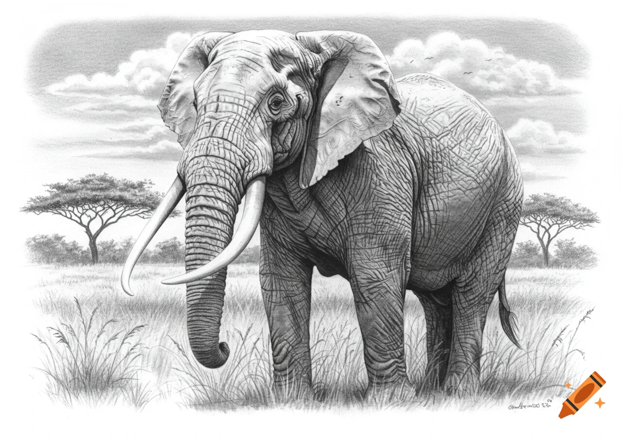 A detailed pencil drawing of an African elephant standing in tall grass in a savanna with acacia trees and clouds.