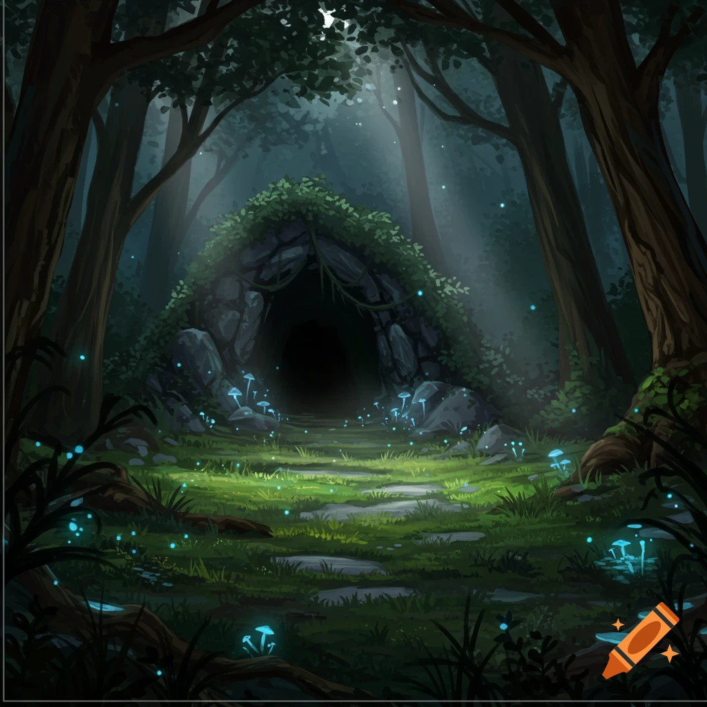 Image of a crossroads between meadows and an enchanted forest at