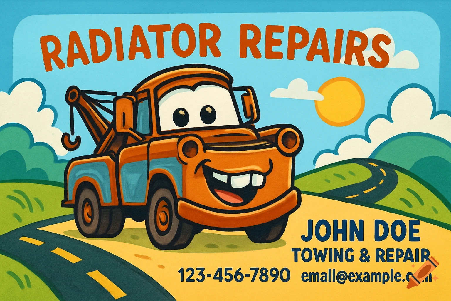 Cartoon business card with Mater from Cars as a tow truck, featuring 'RADIATOR REPAIRS' and contact information.
