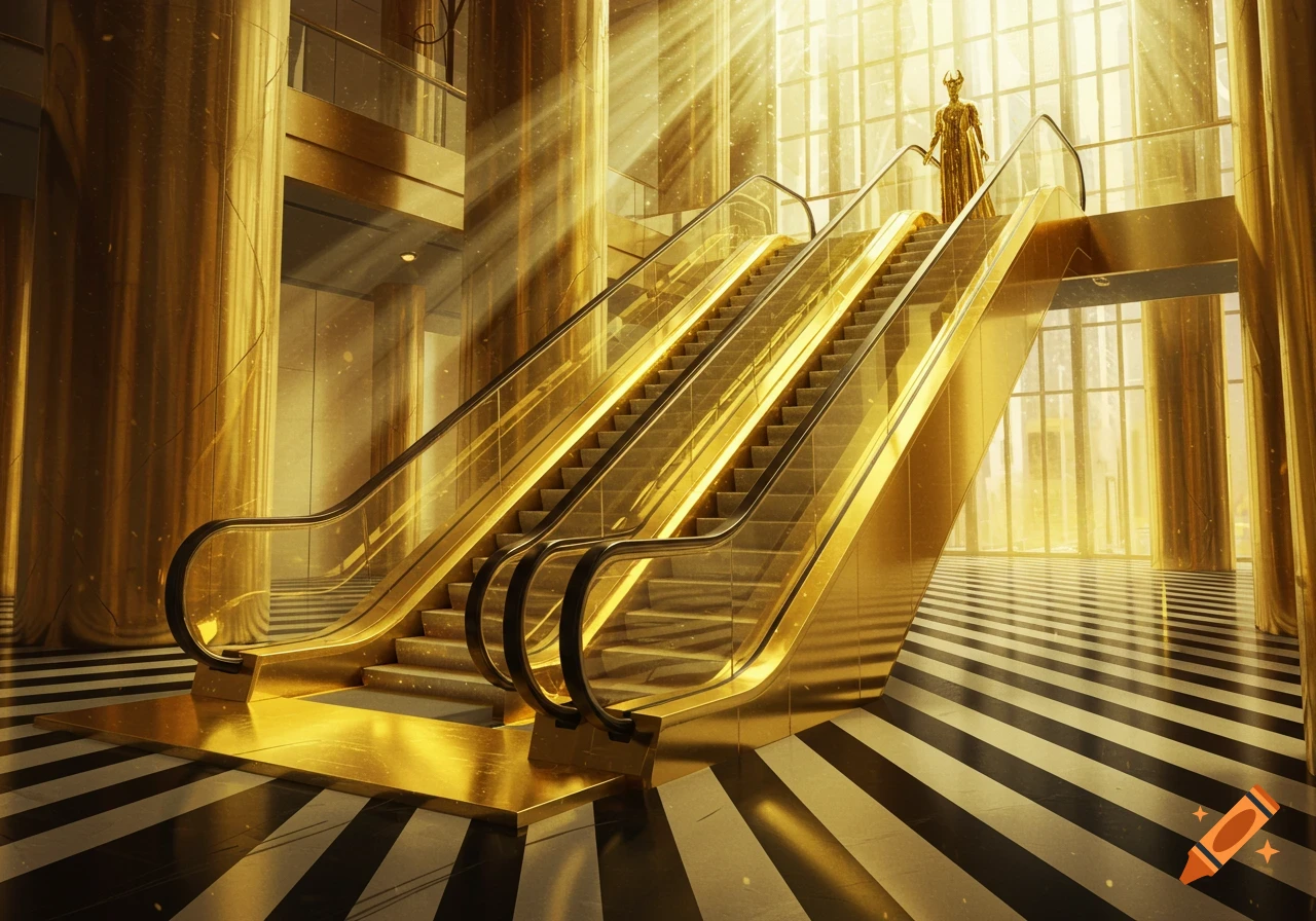 A golden figure descends a grand golden escalator in a luxurious, sunlit building with a striped floor.