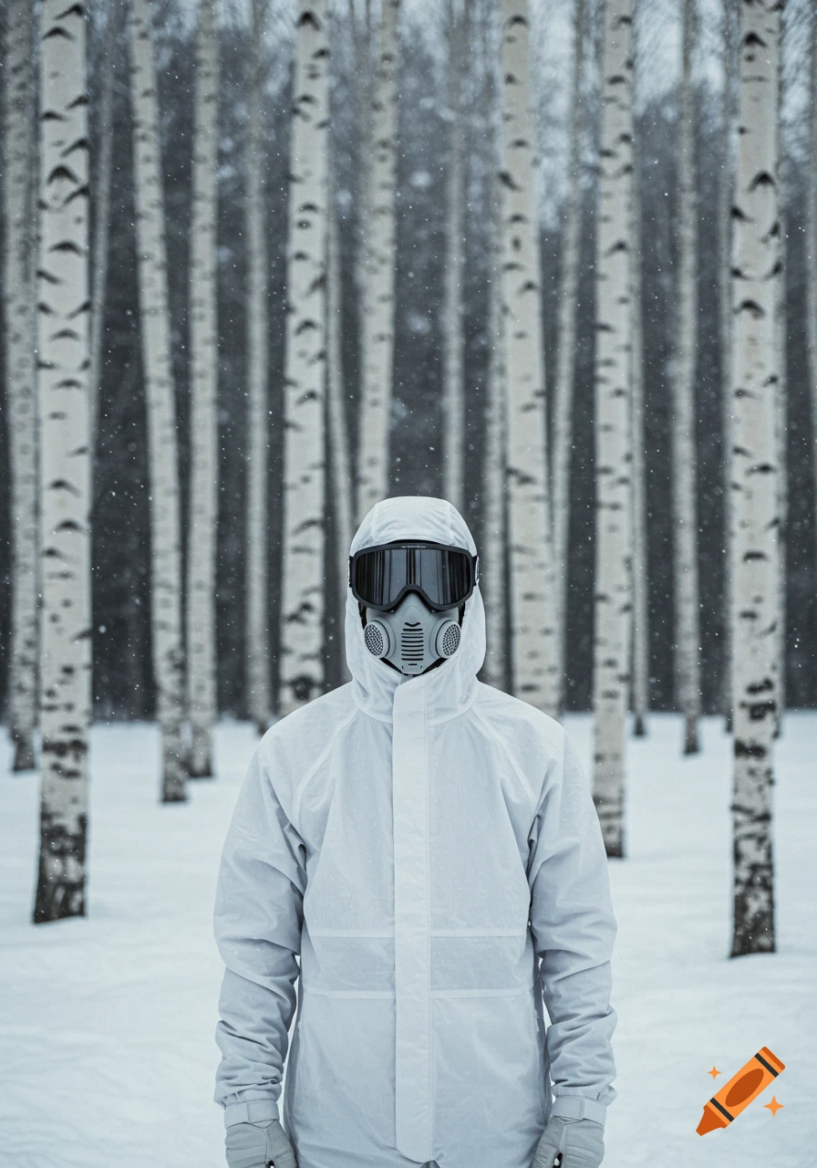 A person in a white snowsuit, gas mask, and ski goggles stands in a snowy birch forest with falling snow.